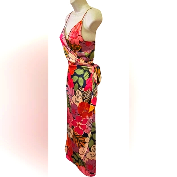NATIVE CHIC Hot Pink/Green Multi-Color Tropical Satin Wrap Midi Dress, Large - Picture 3 of 16
